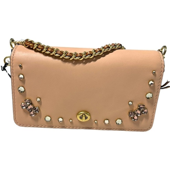 Coach Ladies Dinky Crystal Pink Leather Chain Strap Crossbody Bag Nude Pink - Picture 2 of 14